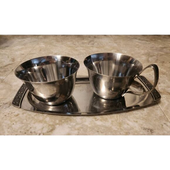 Springtime stainless sugar, creamer, and tray set, vintage - Picture 1 of 7